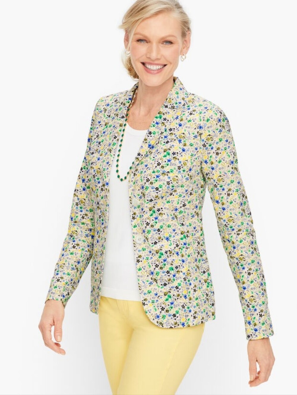 NWOT Womens Talbots Cotton Ditsy Floral Blazer Jacket Yellow Blue White Sz 4